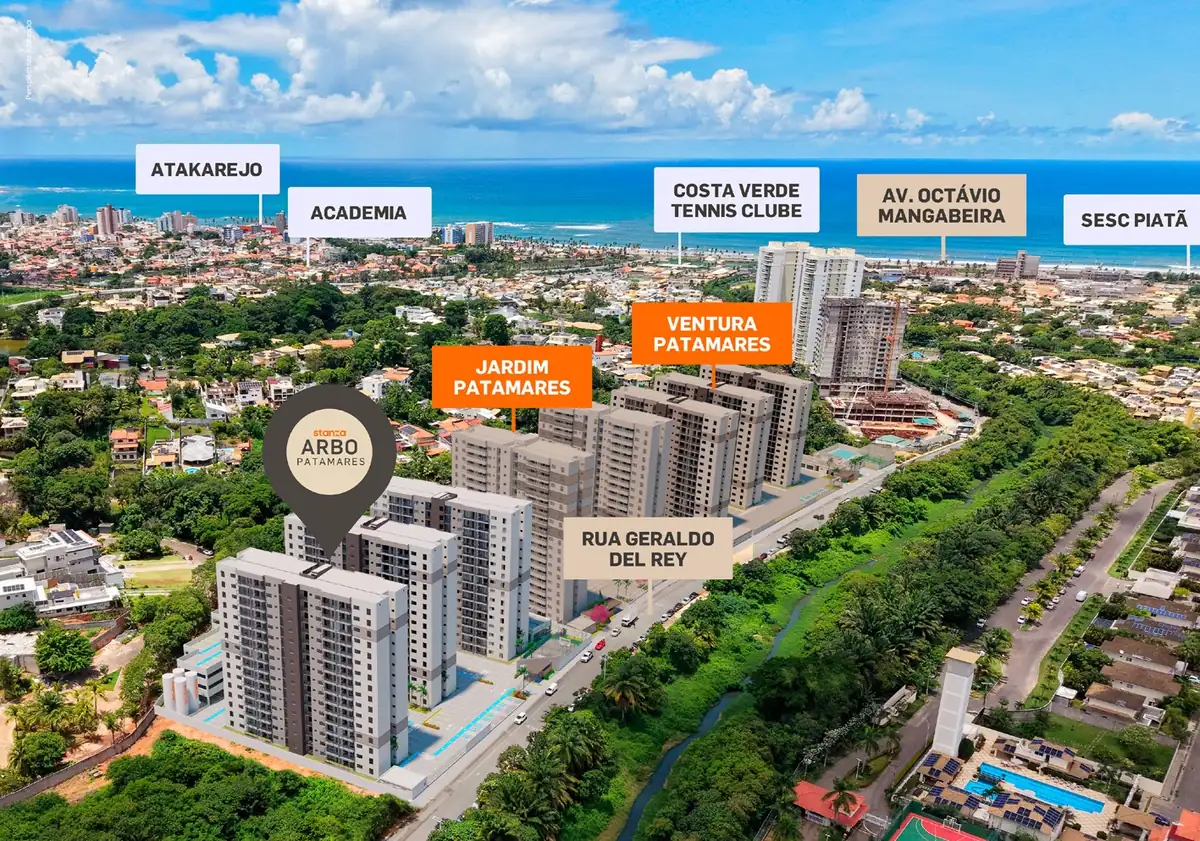 Vista aérea da região de Patamares e Piatã com o mar ao fundo