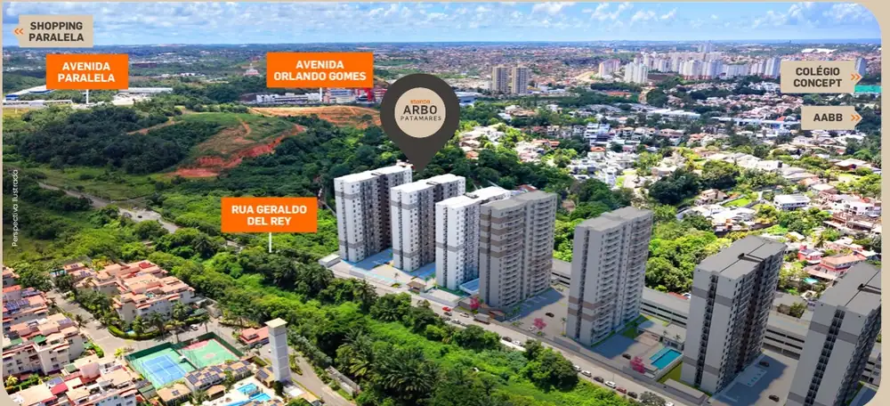 Vista aérea do empreendimento com a Avenida Paralela ao fundo