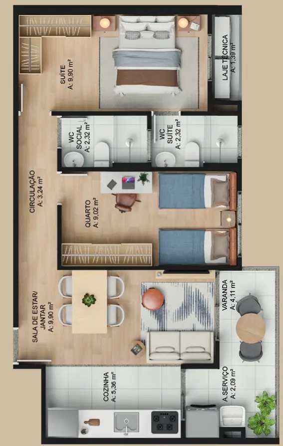 Planta do apartamento de 2 quartos com 55,18 m²