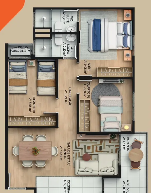 Planta do apartamento de 3 quartos com 63,38 m²